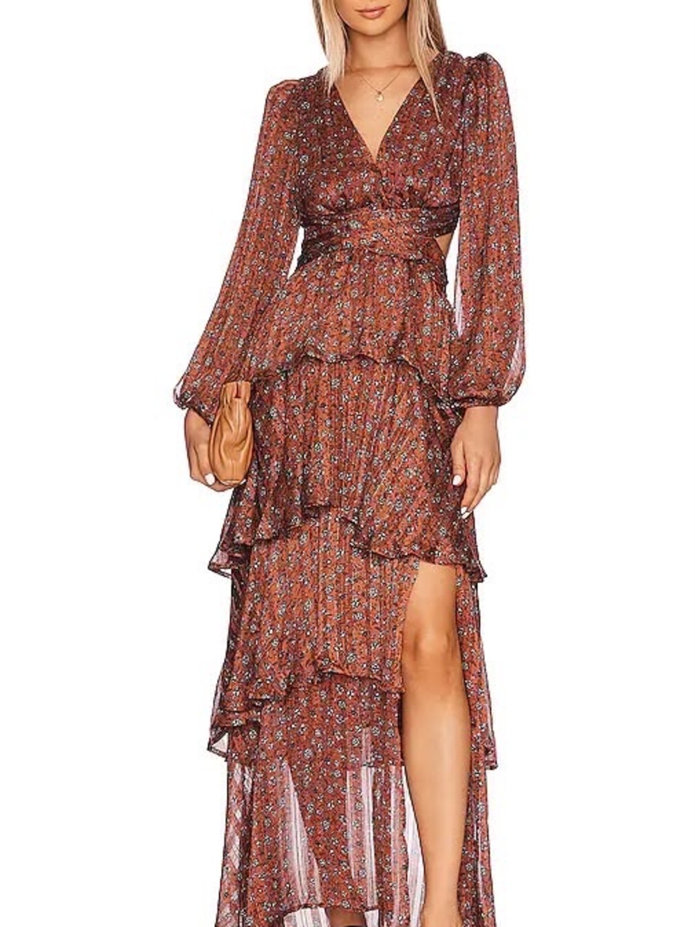 Astr Rust Floral Tiered Maxi Dress
